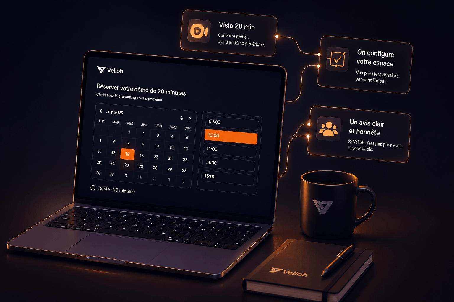 Het reserveringsscherm van Velioh op een laptop: een kalender van juni, een slot van 10 uur geselecteerd, en de vermelding « Duur: 20 minuten ».