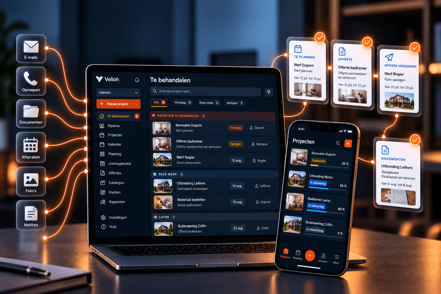 De Velioh-app op laptop en gsm, met de lijst van werven die te behandelen zijn en de volgende actie van elke werf.