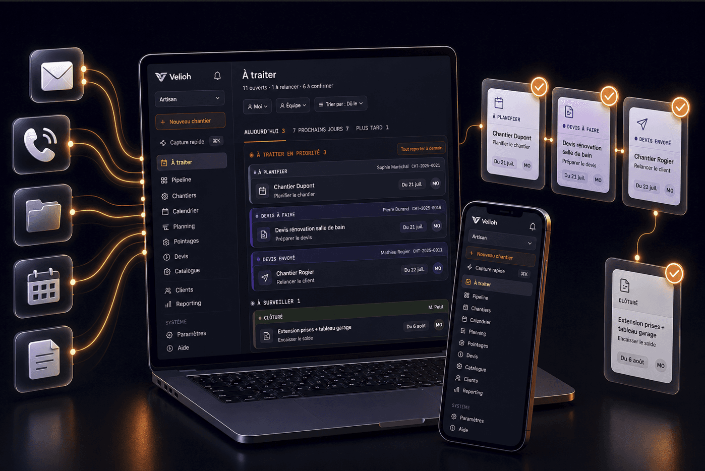 L'application Velioh sur ordinateur portable et sur téléphone, avec la liste des chantiers à traiter et la prochaine action de chacun.