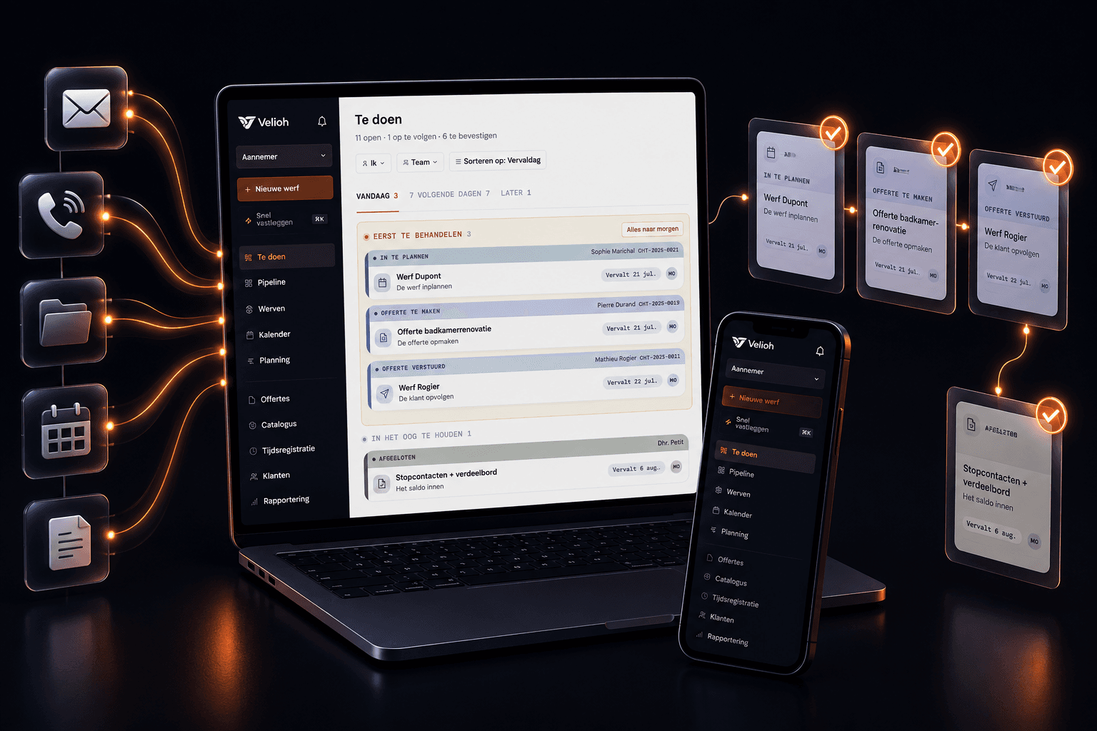 De Velioh-app op laptop en gsm, met de lijst van werven die te behandelen zijn en de volgende actie van elke werf.