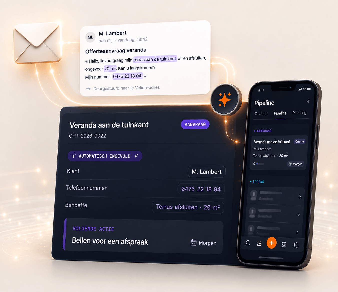 Een doorgestuurde offerteaanvraag per mail, en het werfdossier dat eruit ontstaat: klant, telefoon, vraag en volgende actie al ingevuld, op computer en op gsm.