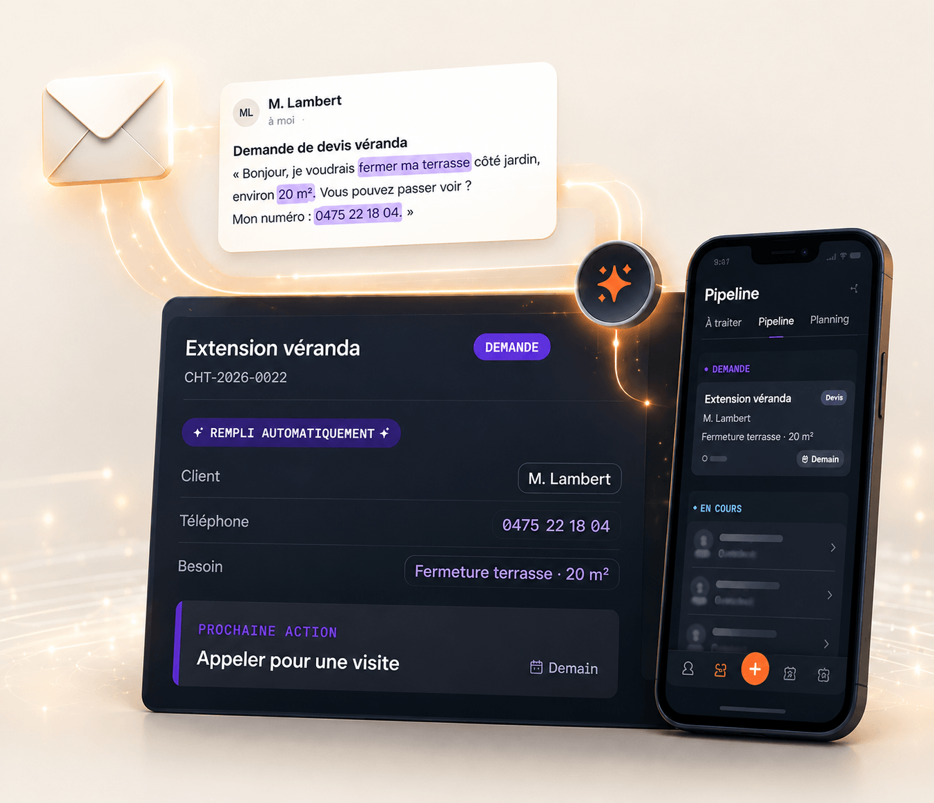 Un mail de demande de devis transféré à Velioh, et le dossier de chantier qu'il crée : client, téléphone, besoin et prochaine action déjà remplis, sur ordinateur et sur téléphone.