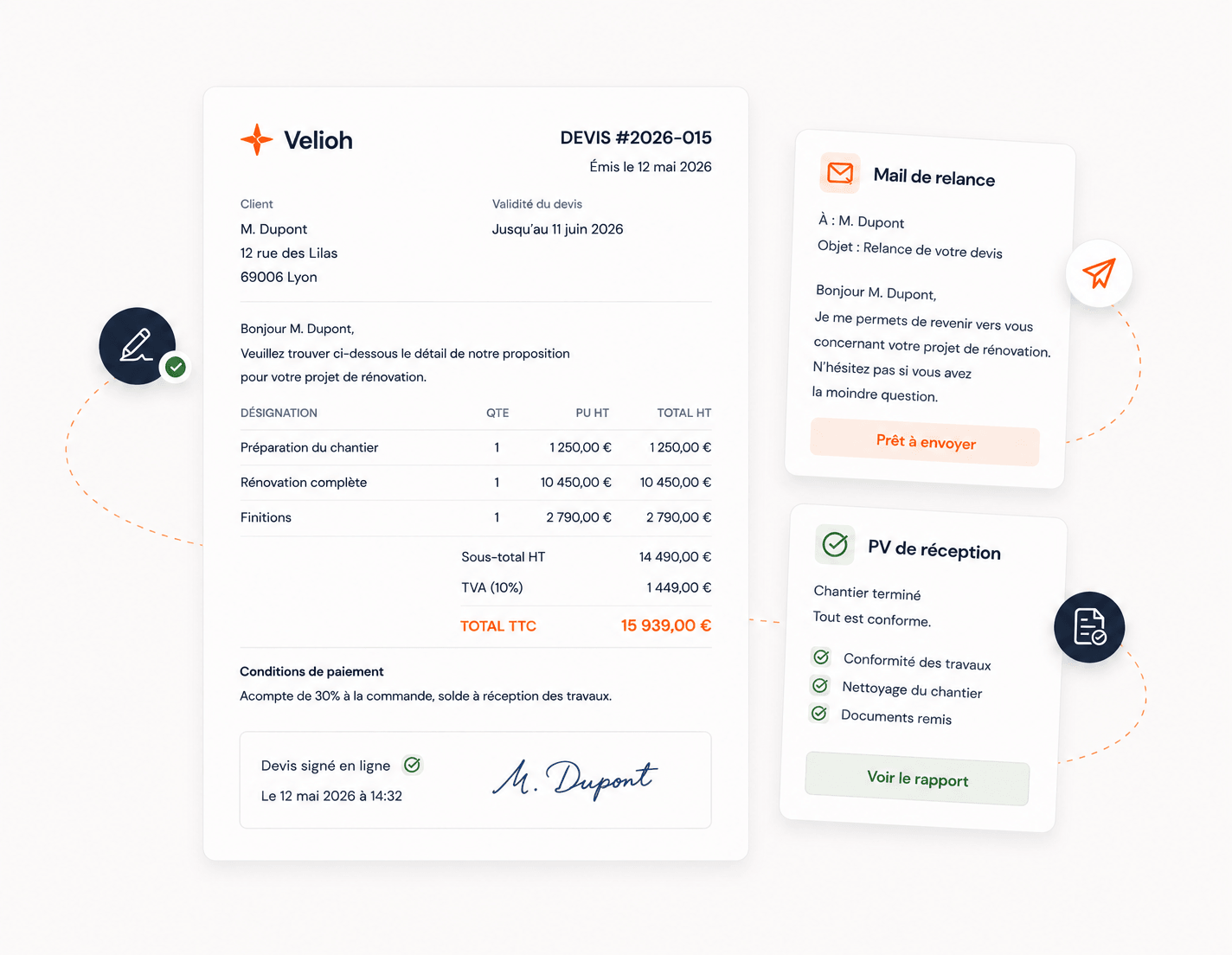 Trois documents produits par Velioh : un devis signé en ligne par le client, un mail de relance prêt à envoyer, et un PV de réception de chantier avec ses points de conformité.